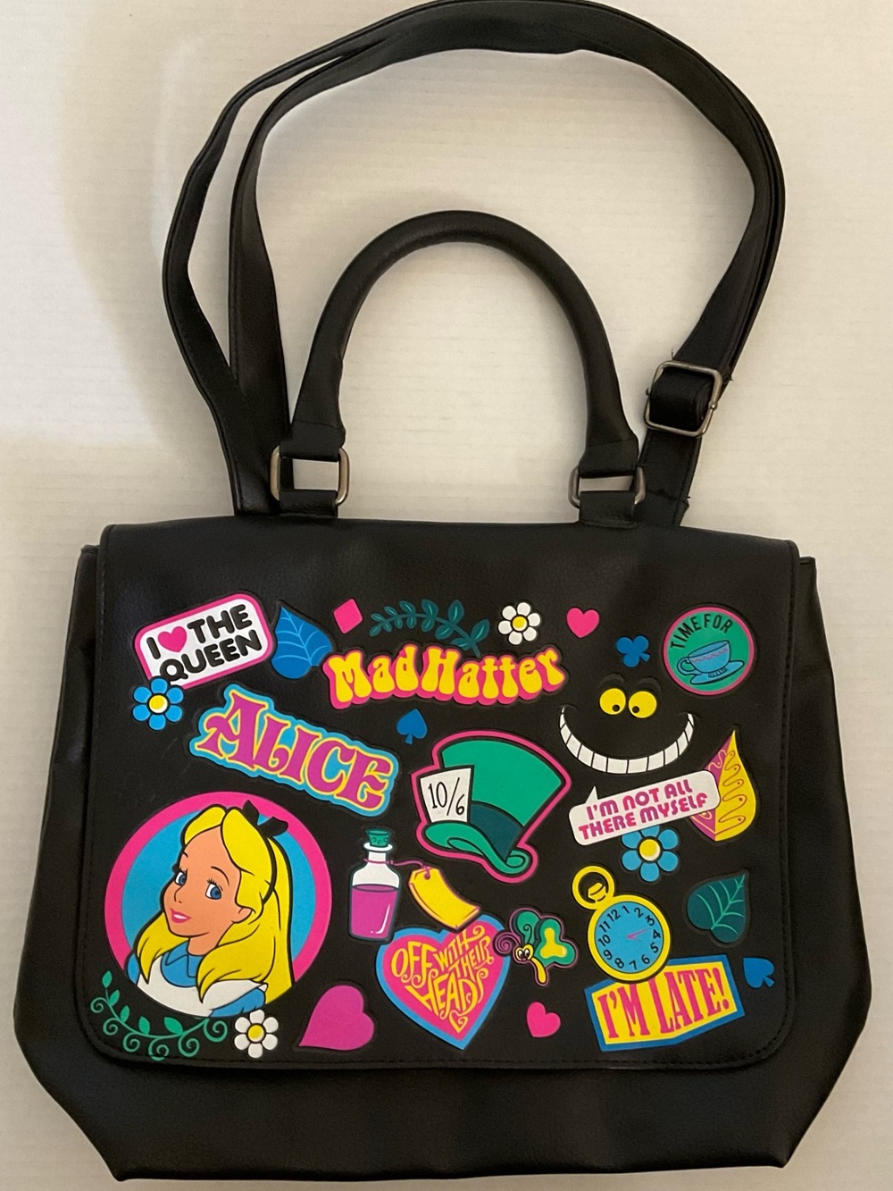 Alice-Inspired Loungefly Disney Black Sticker Tote Bag - Mad Hatter Graphics